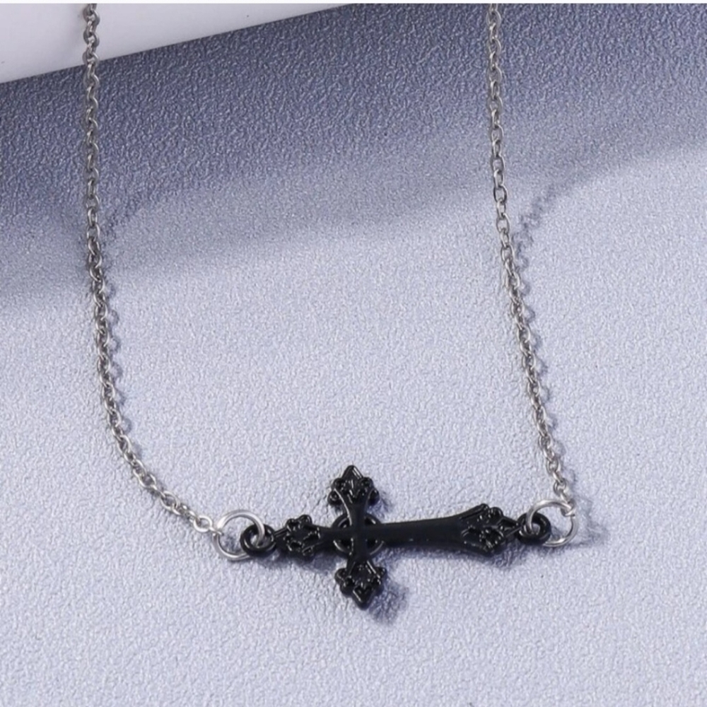 Black Cross Silver Choker Necklace - Picture 2 of 4